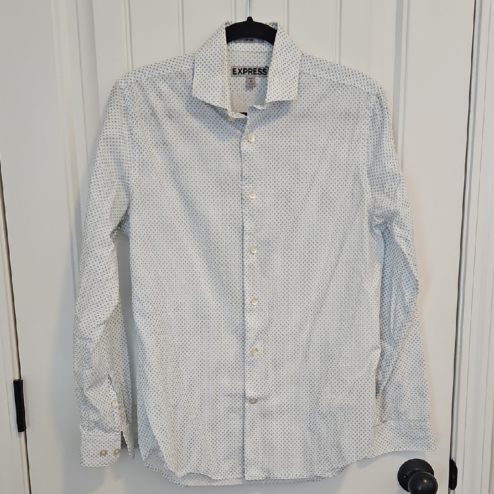 Express Men's White and Blue Patterned Shirt